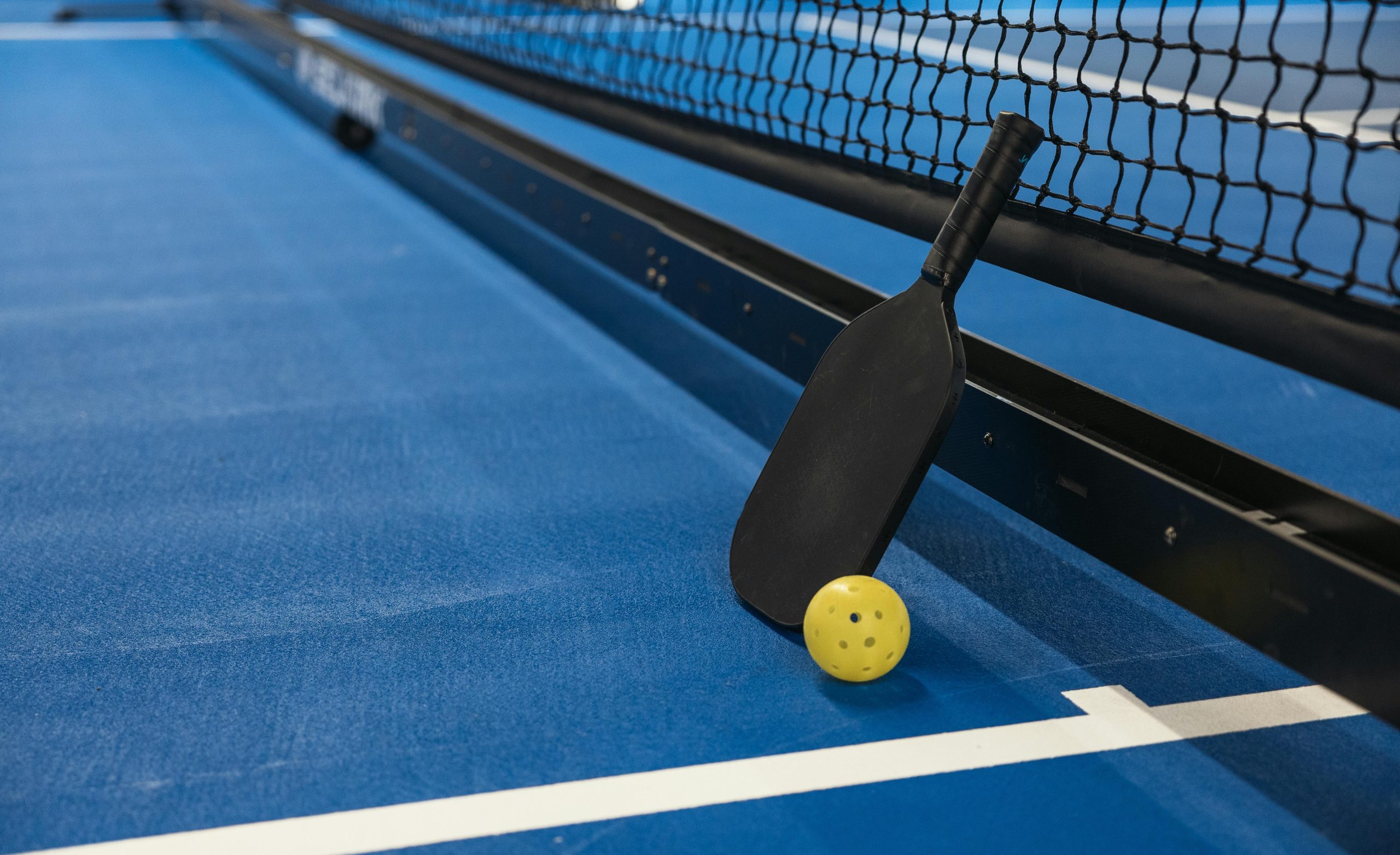 Ping Pong Paddle and Ball next to Net